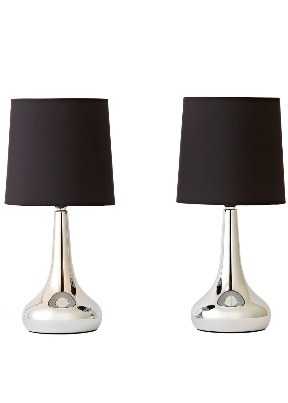 ValueLights Pair Of Chrome Teardrop Table Lamps Black Shades (33cm x 16cm x 16cm)