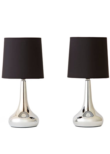 ValueLights Pair Of Chrome Teardrop Table Lamps Black Shades (33cm x 16cm x 16cm)