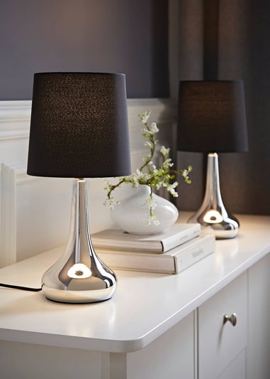 ValueLights Pair Of Chrome Teardrop Table Lamps Black Shades (33cm x 16cm x 16cm)