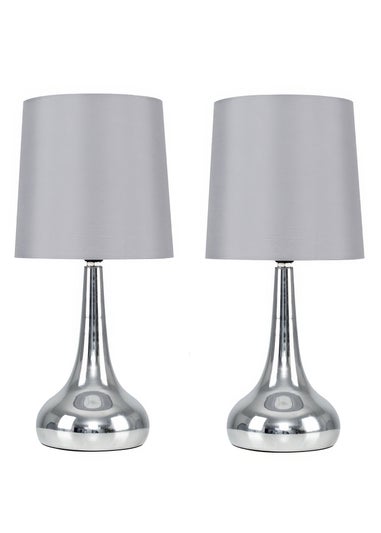 ValueLights Pair Of Chrome Teardrop Table Lamps Grey Shades (34cm x 16cm x 16cm)