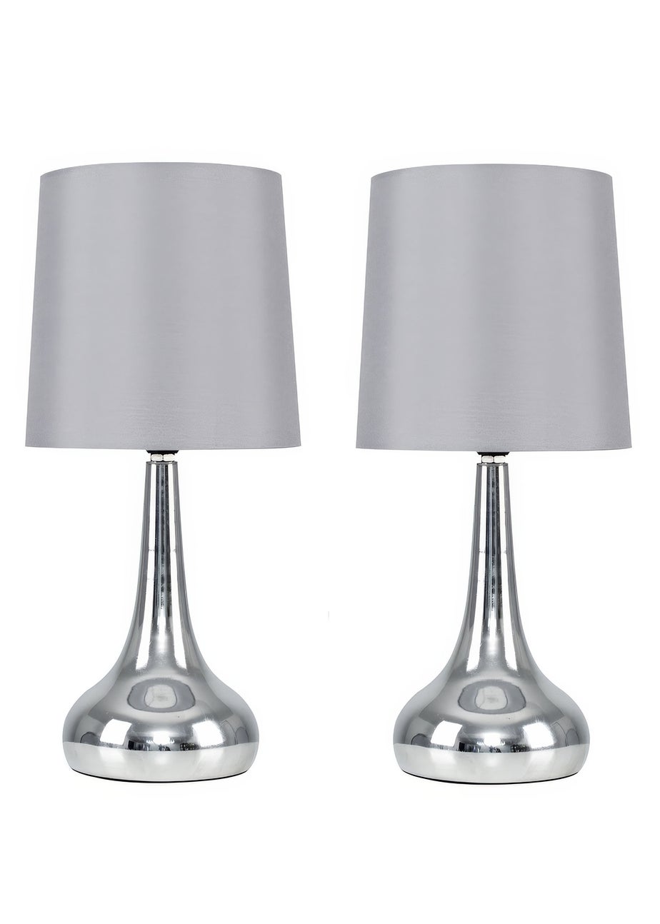 ValueLights Pair Of Chrome Teardrop Table Lamps Grey Shades (34cm x 16cm x 16cm)