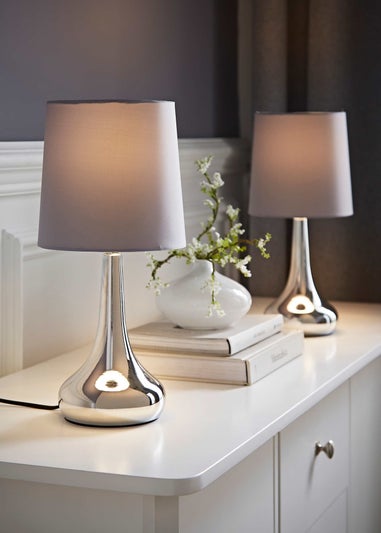 ValueLights Pair Of Chrome Teardrop Table Lamps Grey Shades (34cm x 16cm x 16cm)