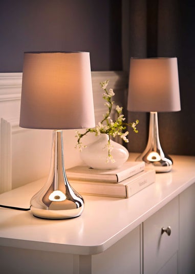 ValueLights Pair Of Chrome Teardrop Table Lamps Grey Shades (34cm x 16cm x 16cm)