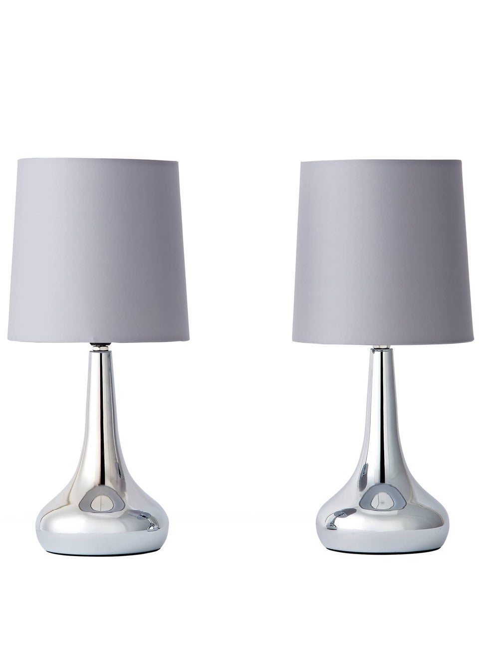ValueLights Pair Of Chrome Teardrop Table Lamps Grey Shades (34cm x 16cm x 16cm)