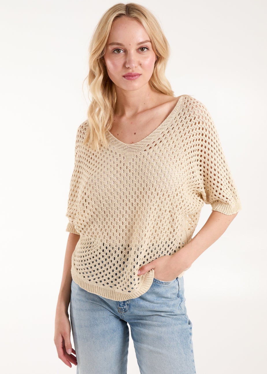 Blue Vanilla Stone Cotton Crochet V-Neck Top