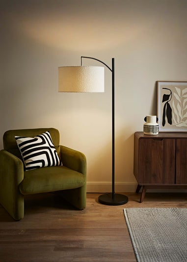 ValueLights Preto Cream Metal Floor Lamp Cream Boucle Shade (157cm x 33cm)
