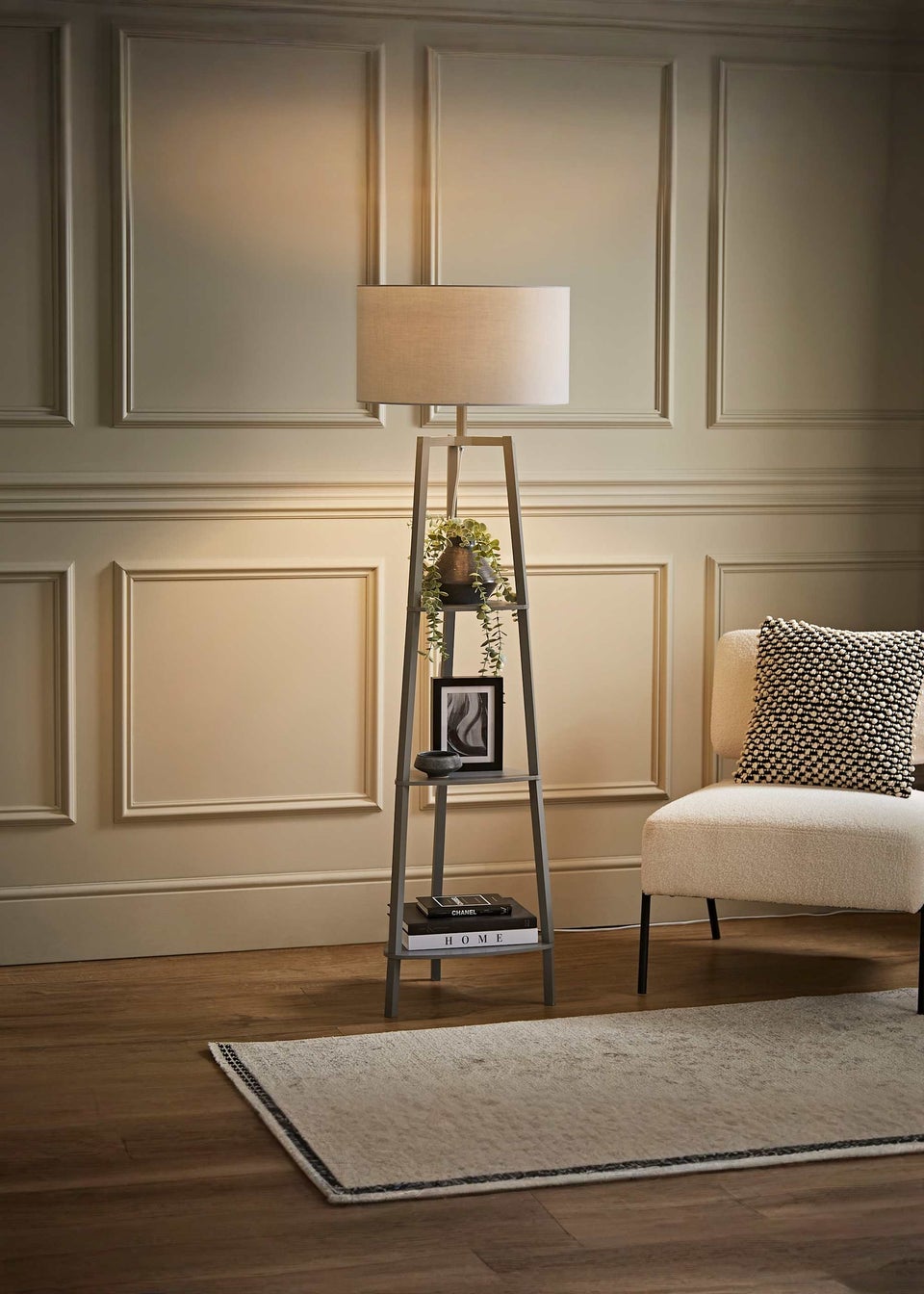 ValueLights Hiru Grey 3 Tier Shelf Floor Lamp Grey Shade (138cm x 44cm x 44cm)