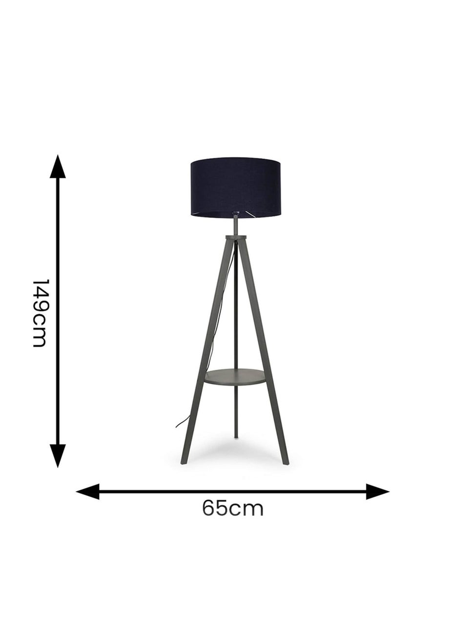 ValueLights Morrigan Grey Wood Tripod Floor Lamp Navy Shade (147cm x 45cm)