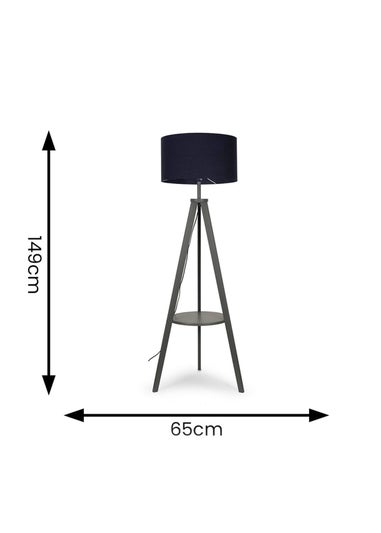 ValueLights Morrigan Grey Wood Tripod Floor Lamp Navy Shade (147cm x 45cm)