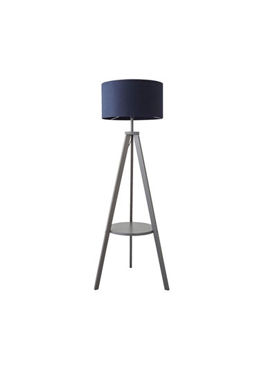 ValueLights Morrigan Grey Wood Tripod Floor Lamp Navy Shade (147cm x 45cm)