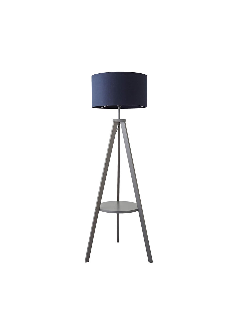 ValueLights Morrigan Grey Wood Tripod Floor Lamp Navy Shade (147cm x 45cm)