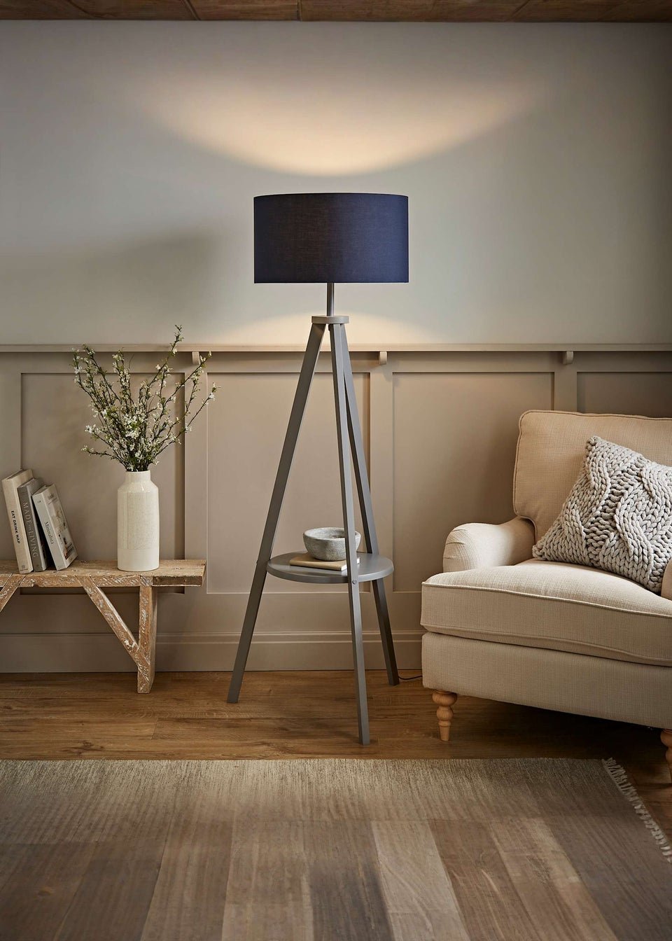 ValueLights Morrigan Grey Wood Tripod Floor Lamp Navy Shade (147cm x 45cm)