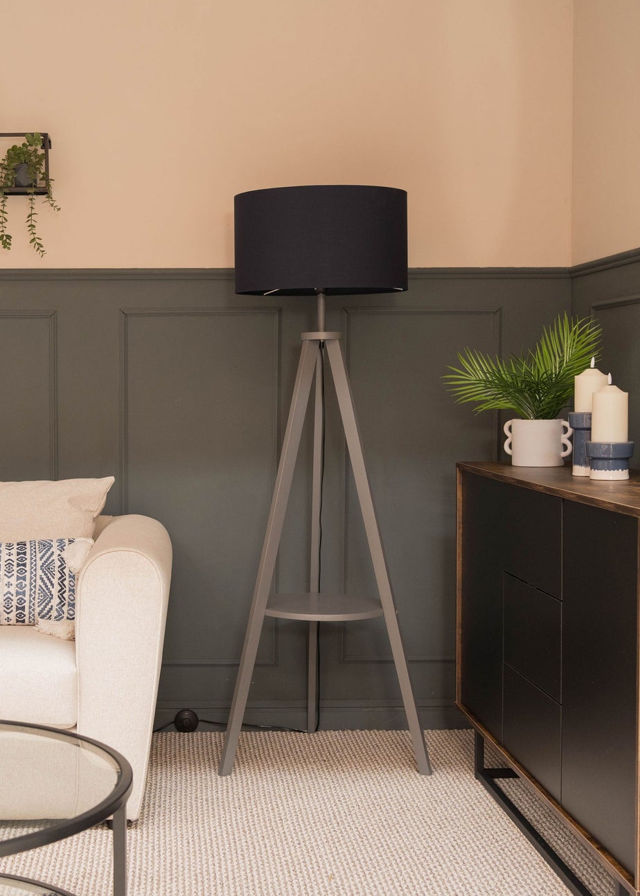 ValueLights Morrigan Grey Wood Tripod Floor Lamp Navy Shade (147cm x 45cm)