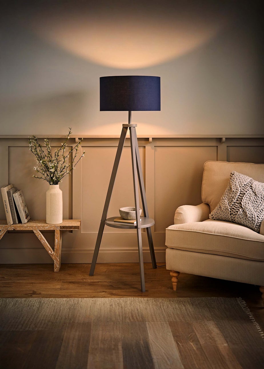 ValueLights Morrigan Grey Wood Tripod Floor Lamp Navy Shade (147cm x 45cm)