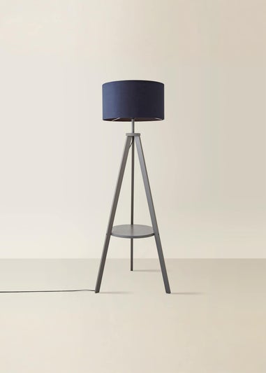ValueLights Morrigan Grey Wood Tripod Floor Lamp Navy Shade (147cm x 45cm)