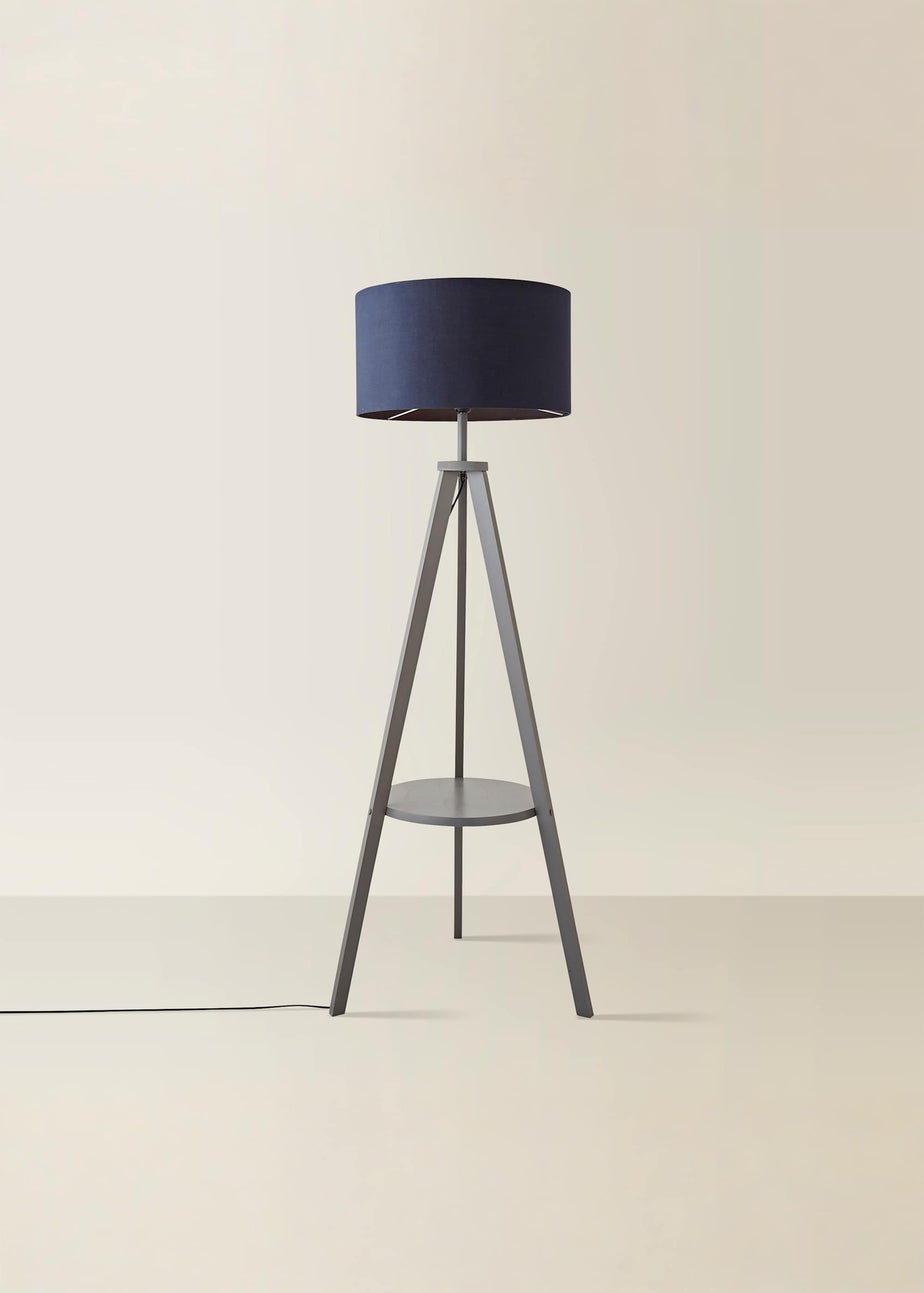 ValueLights Morrigan Grey Wood Tripod Floor Lamp Navy Shade (147cm x 45cm)