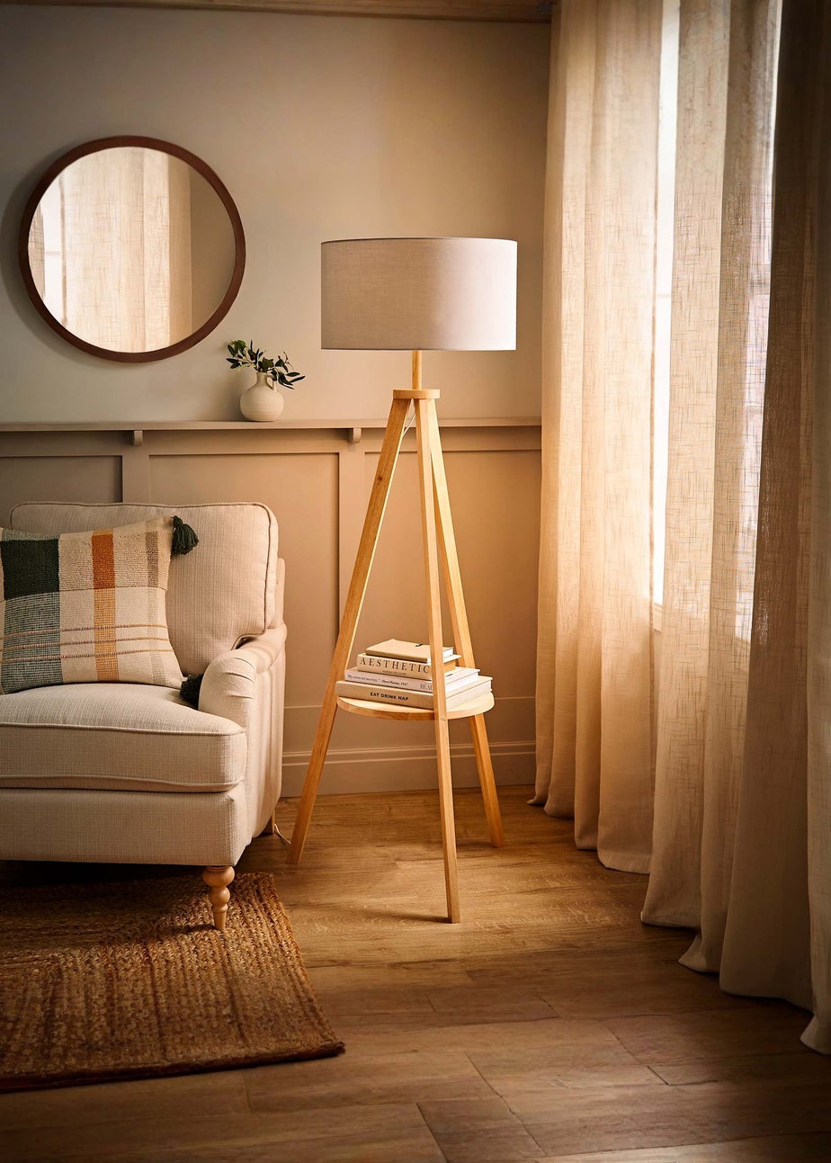 ValueLights Morrigan Light Wood Tripod Floor Lamp Grey Shade (147cm x 45cm)