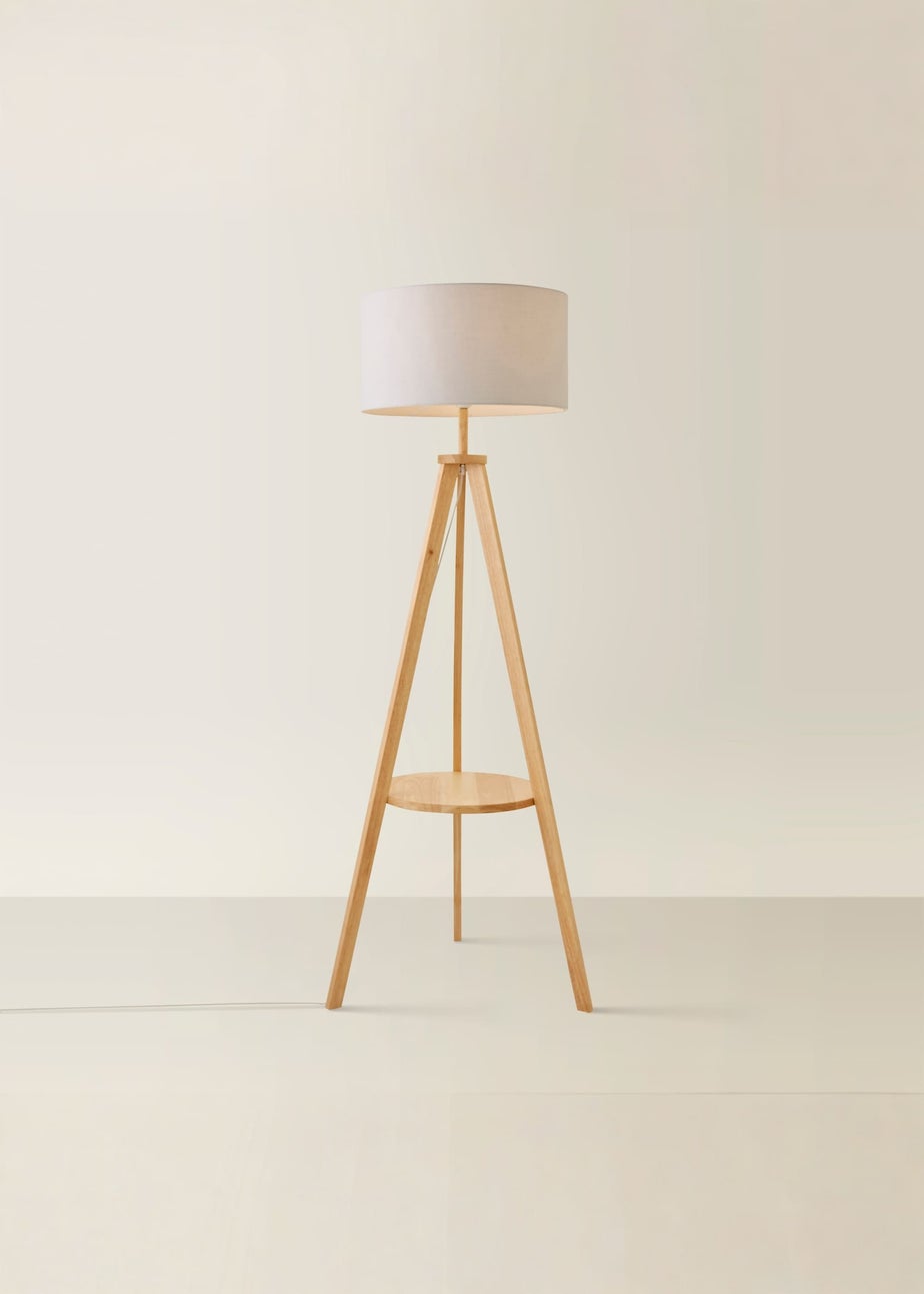 ValueLights Morrigan Light Wood Tripod Floor Lamp Grey Shade (147cm x 45cm)