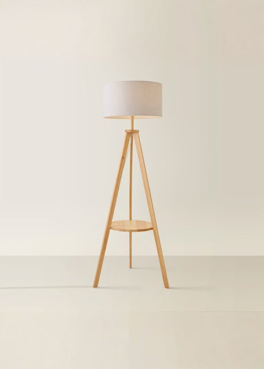 ValueLights Morrigan Light Wood Tripod Floor Lamp Grey Shade (147cm x 45cm)
