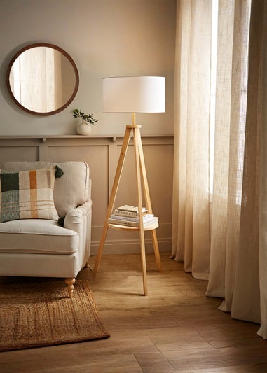 ValueLights Morrigan Light Wood Tripod Floor Lamp White Shade (147cm x 45cm)