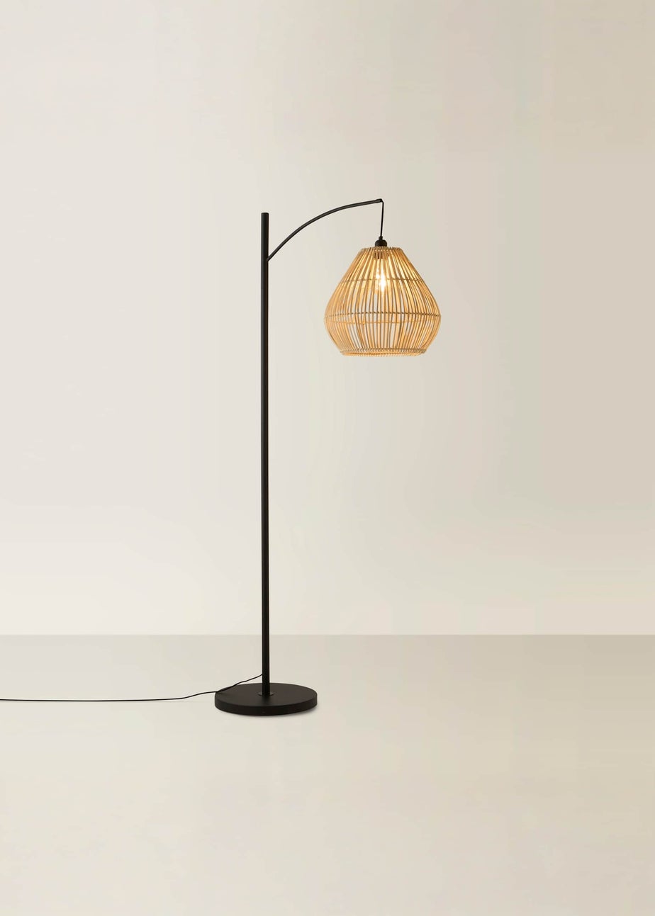 ValueLights Preto Black Metal Floor Lamp Rattan Teardrop Shade (157cm x 33cm)