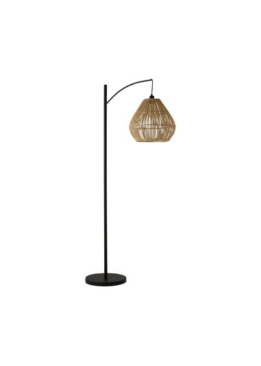 ValueLights Preto Black Metal Floor Lamp Rattan Teardrop Shade (157cm x 33cm)