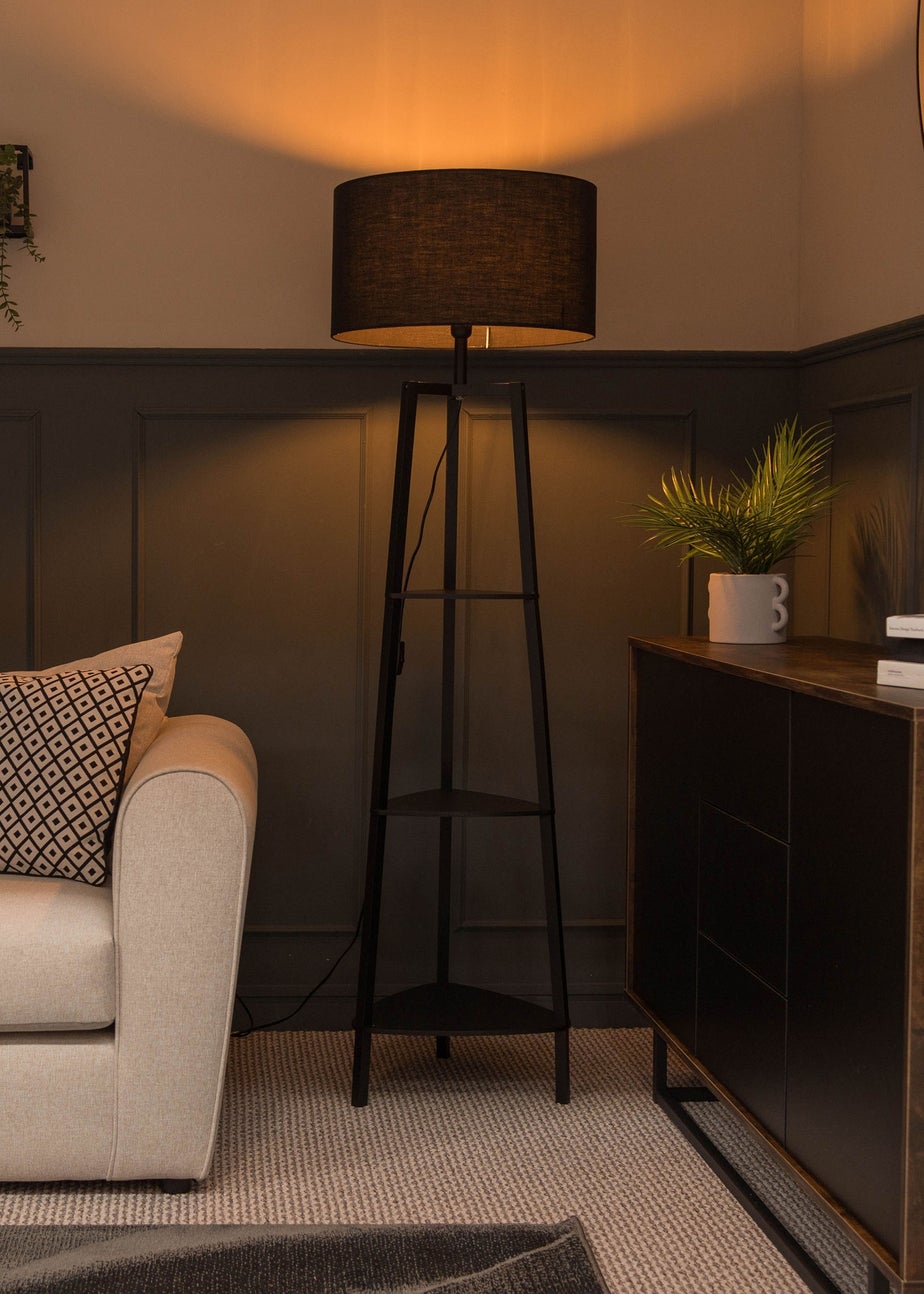 ValueLights Hiru Matte Black 3 Tier Shelf Floor Lamp Black Shade (138cm x 47.5cm x 47.5cm)