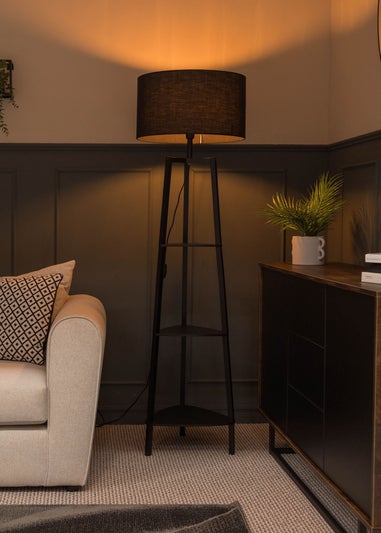 ValueLights Hiru Matte Black 3 Tier Shelf Floor Lamp Black Shade (138cm x 47.5cm x 47.5cm)