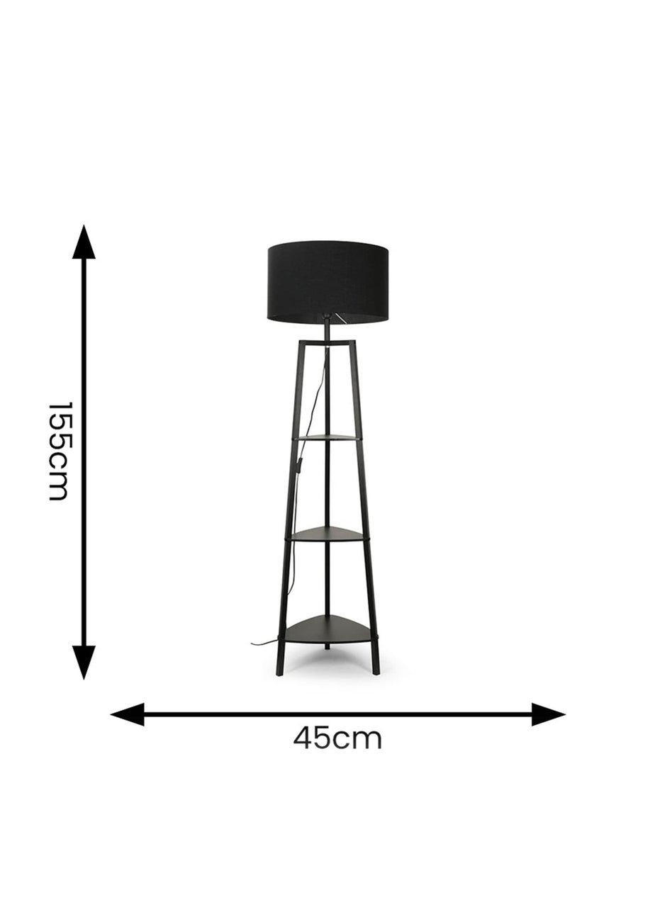 ValueLights Hiru Matte Black 3 Tier Shelf Floor Lamp Black Shade (138cm x 47.5cm x 47.5cm)