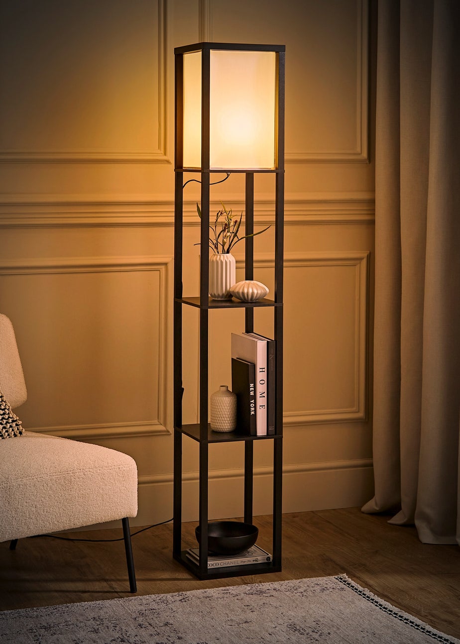 ValueLights Struttura Black Wooden Shelves Floor Lamp (159cm x 26cm x 26cm)
