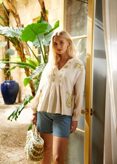 Blue Vanilla Stone Embroidered Cheesecloth Top