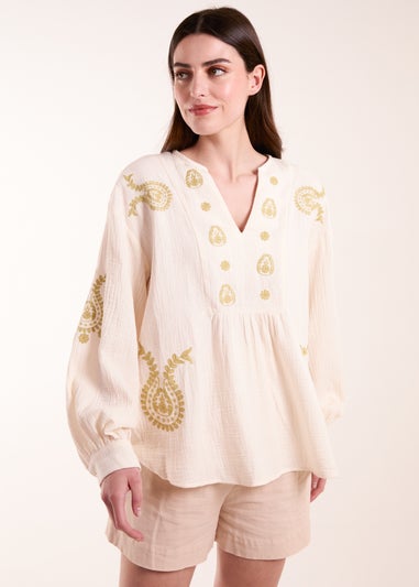 Blue Vanilla Stone Embroidered Cheesecloth Top