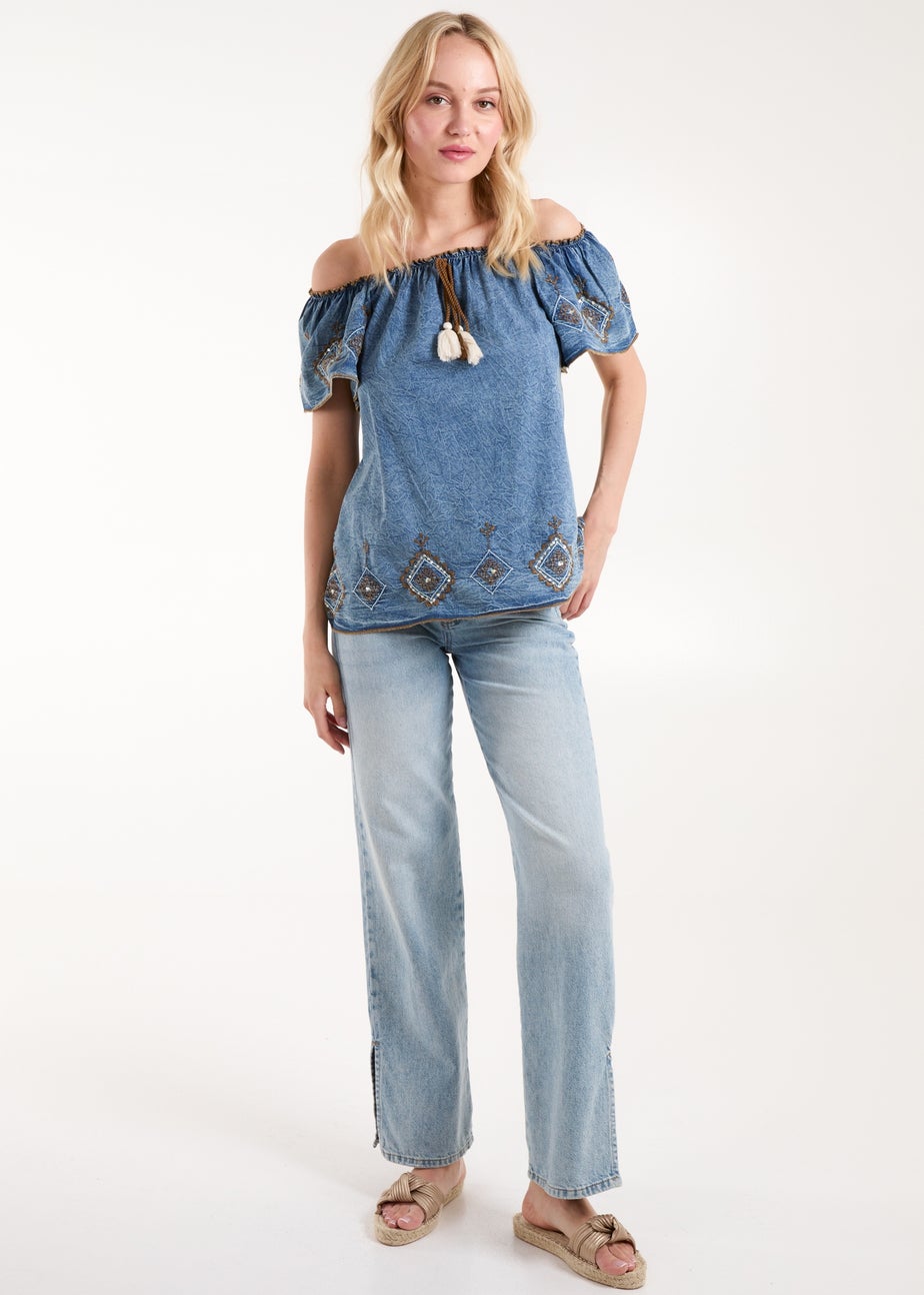 Blue Vanilla Blue Denim Embroidered Bardot Top