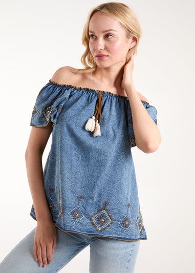 Blue Vanilla Blue Denim Embroidered Bardot Top