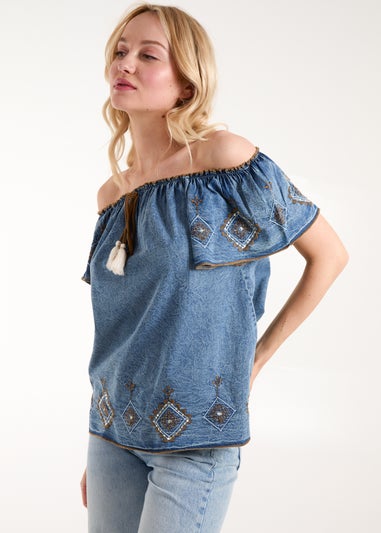 Blue Vanilla Blue Denim Embroidered Bardot Top
