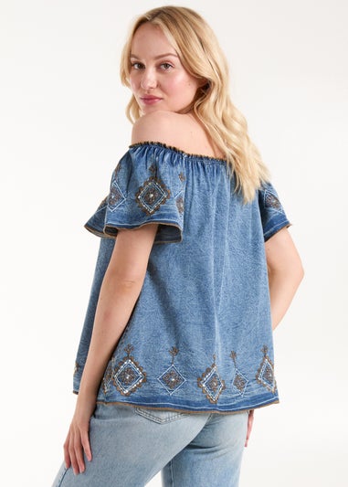 Blue Vanilla Blue Denim Embroidered Bardot Top