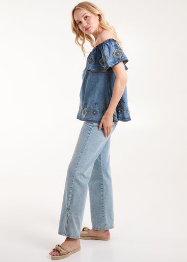 Blue Vanilla Blue Denim Embroidered Bardot Top
