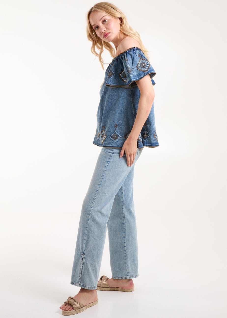 Blue Vanilla Blue Denim Embroidered Bardot Top