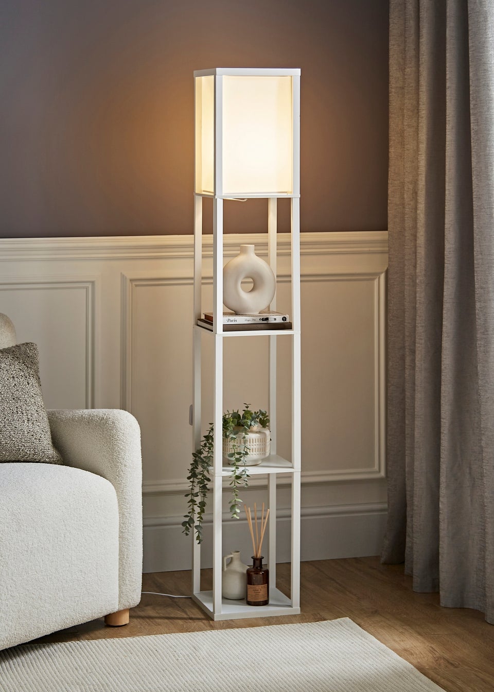 ValueLights Struttura White Wooden Shelves Floor Lamp (159cm x 26cm x 26cm)