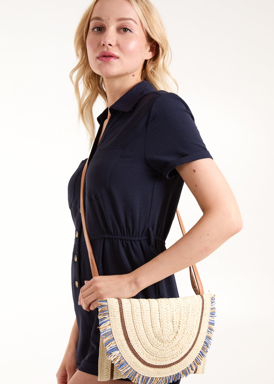 Blue Vanilla Stone Woven Fringe Detail Clutch Bag With Attachable Strap