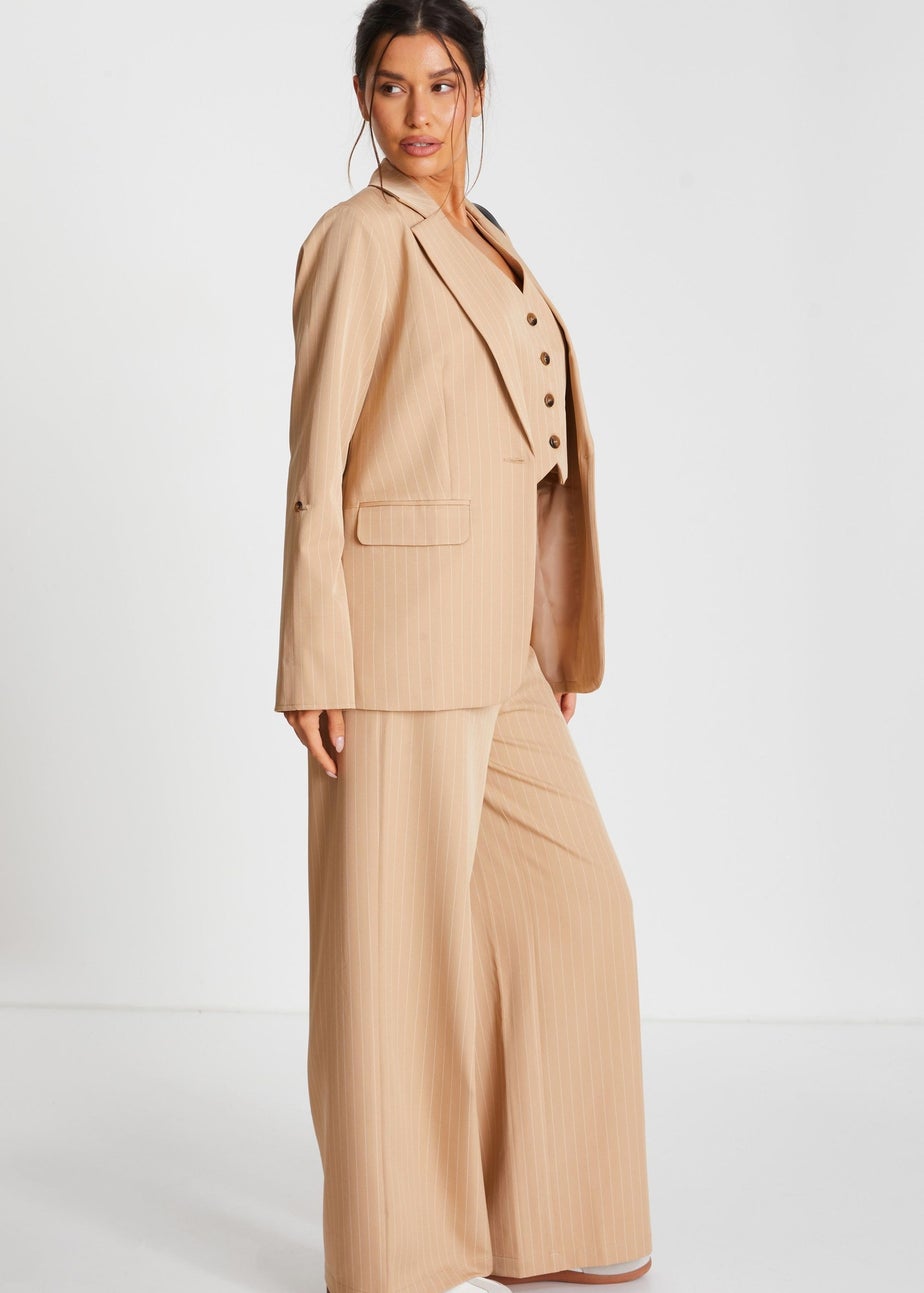 Quiz Camel Pinstripe Ruched Sleeve Blazer