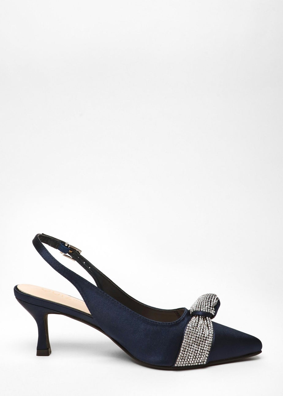 Quiz Navy Wide Fit Diamante Knot Sling Back Low Heels