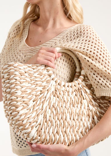 Blue Vanilla Stone Circle Handle Woven Handbag