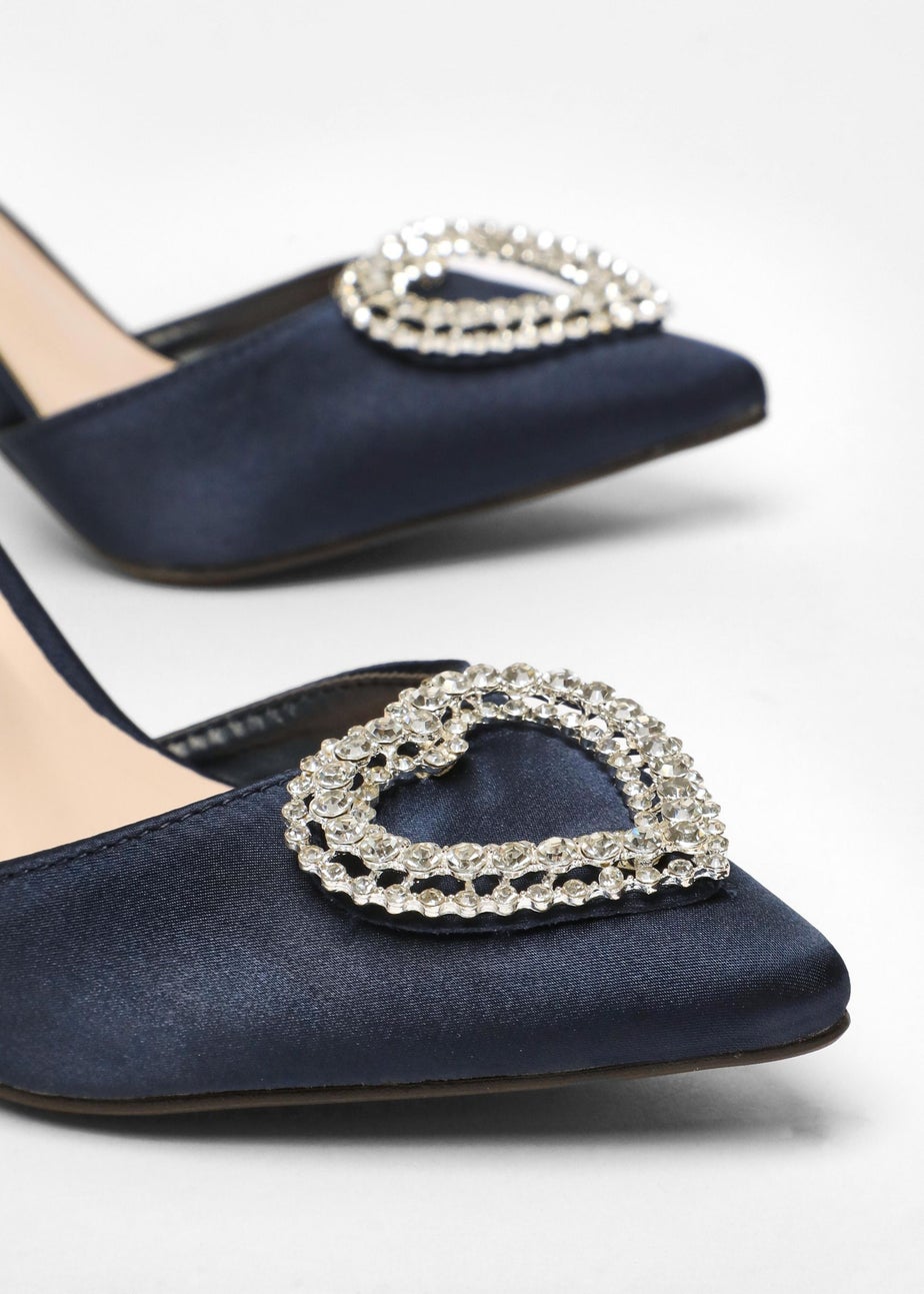 Quiz Navy Satin Diamante Heart Brooch Court Heels