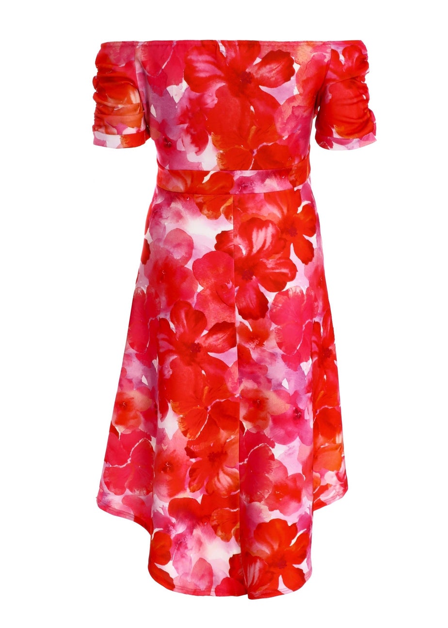 Quiz Pink Curve Floral Bardot Dip Hem Midi Dress