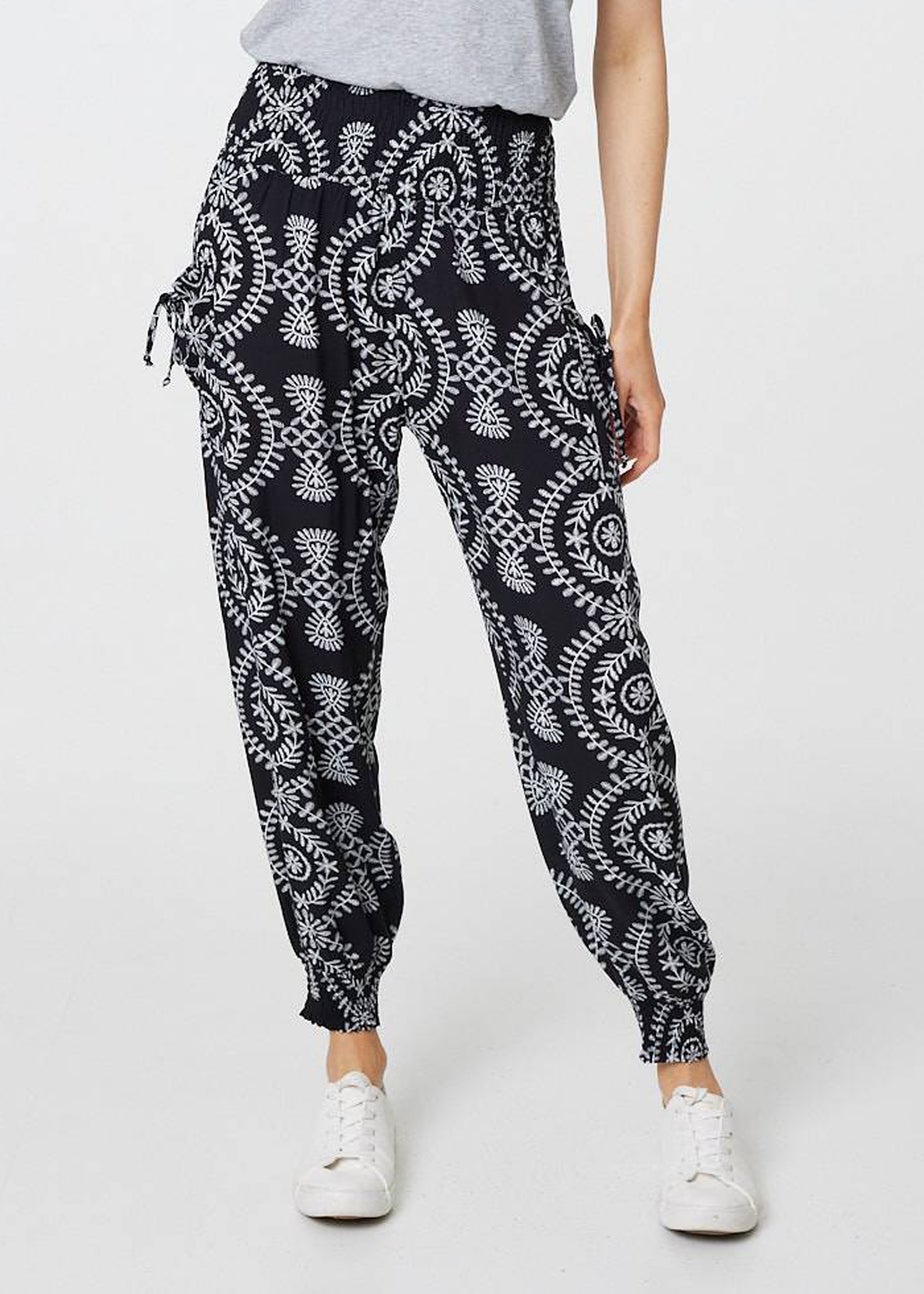 Izabel London Black Printed Smocked Waist Harem Pants