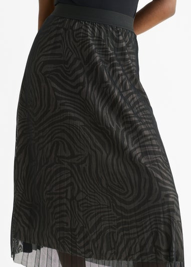 Gini London Black Animal Print Mesh Overlay Pleated Midi Skirt