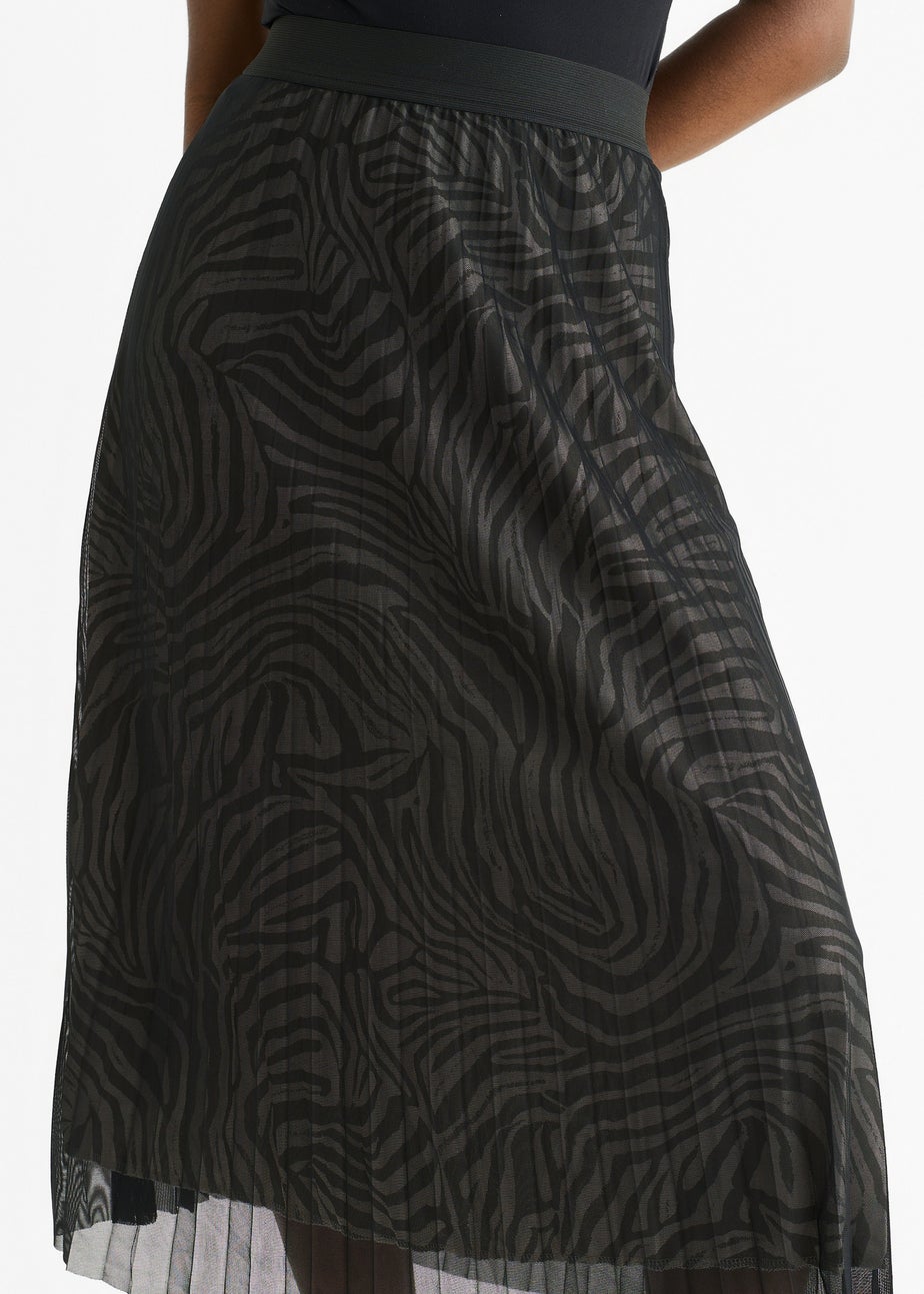 Gini London Black Animal Print Mesh Overlay Pleated Midi Skirt