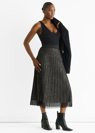 Gini London Black Animal Print Mesh Overlay Pleated Midi Skirt