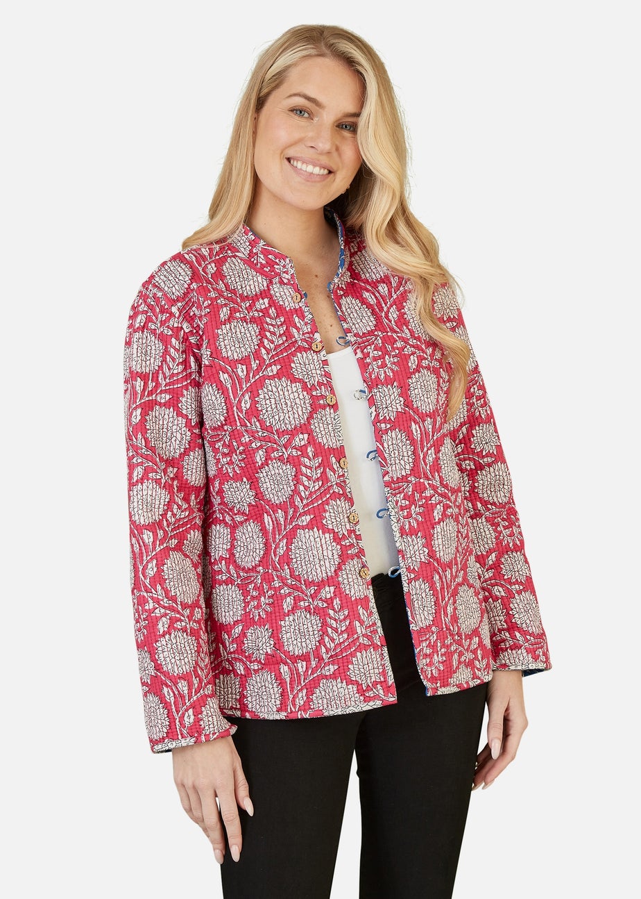 Yumi Blue Floral Print Reversible Cotton Quilted Jacket